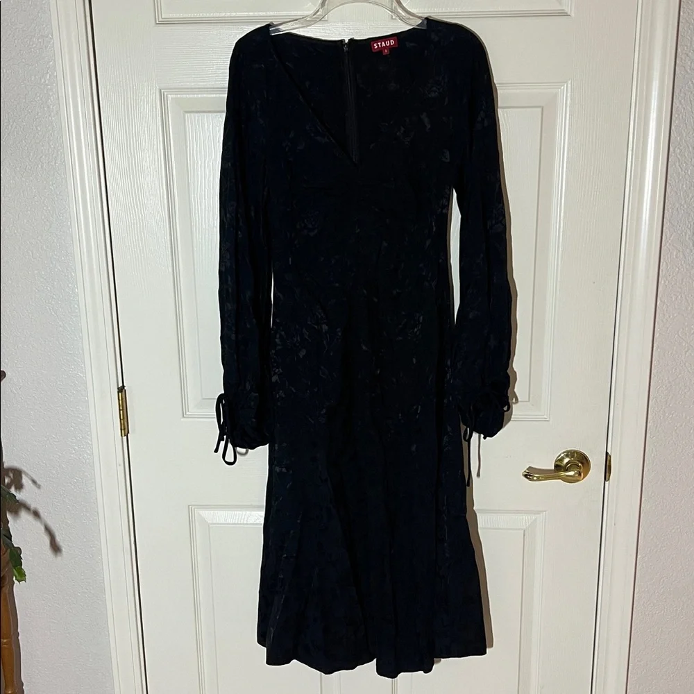 STAUD Black Floral Jacquard Midi Sofia Dress Ruched Bust, Sz 4 - Picture 2 of 15